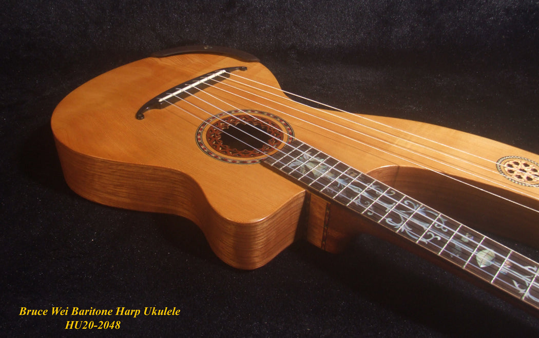 Handcrafted Baritone HARP Ukulele, Solid Spruce & Acacia, MOP Abalone Inlay, Hard Case, Bruce Wei HU20-2048