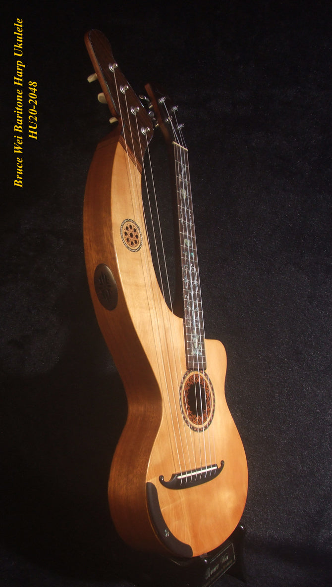 Handcrafted Baritone HARP Ukulele, Solid Spruce & Acacia, MOP Abalone Inlay, Hard Case, Bruce Wei HU20-2048