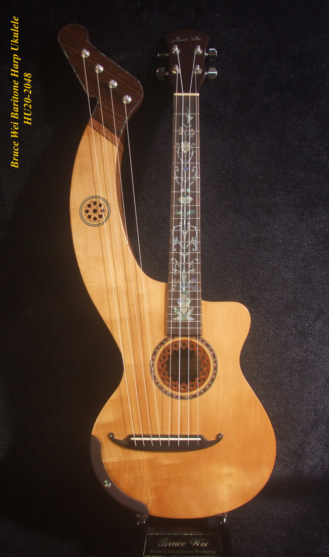 Handcrafted Baritone HARP Ukulele, Solid Spruce & Acacia, MOP Abalone Inlay, Hard Case, Bruce Wei HU20-2048