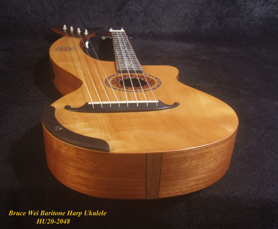 Handcrafted Baritone HARP Ukulele, Solid Spruce & Acacia, MOP Abalone Inlay, Hard Case, Bruce Wei HU20-2048