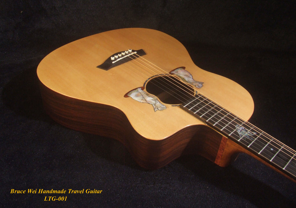 Handmade Cutaway Travel Guitar Solid Spruce, Indian Rosewood, Cat Inlay, Soft-bag Bruce Wei LTG-001
