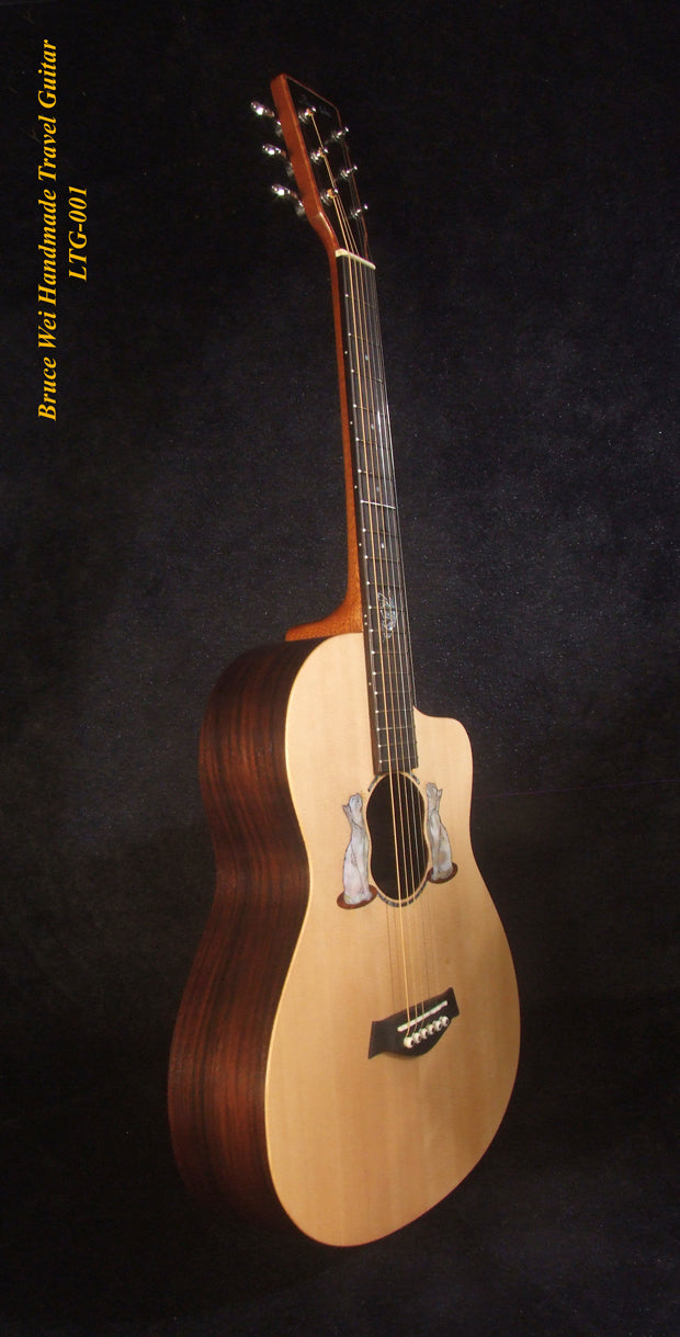 Handmade Cutaway Travel Guitar Solid Spruce, Indian Rosewood, Cat Inlay, Soft-bag Bruce Wei LTG-001