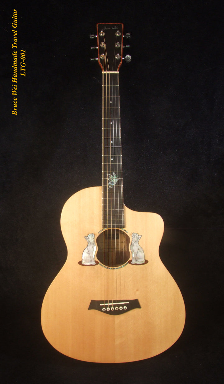 Handmade Cutaway Travel Guitar Solid Spruce, Indian Rosewood, Cat Inlay, Soft-bag Bruce Wei LTG-001
