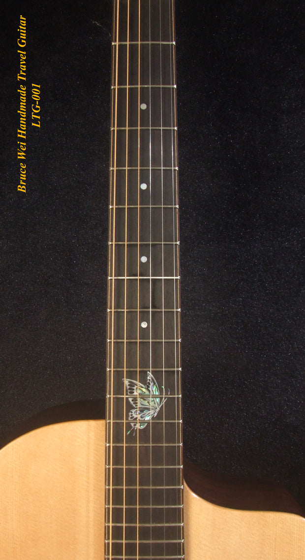 Handmade Cutaway Travel Guitar Solid Spruce, Indian Rosewood, Cat Inlay, Soft-bag Bruce Wei LTG-001