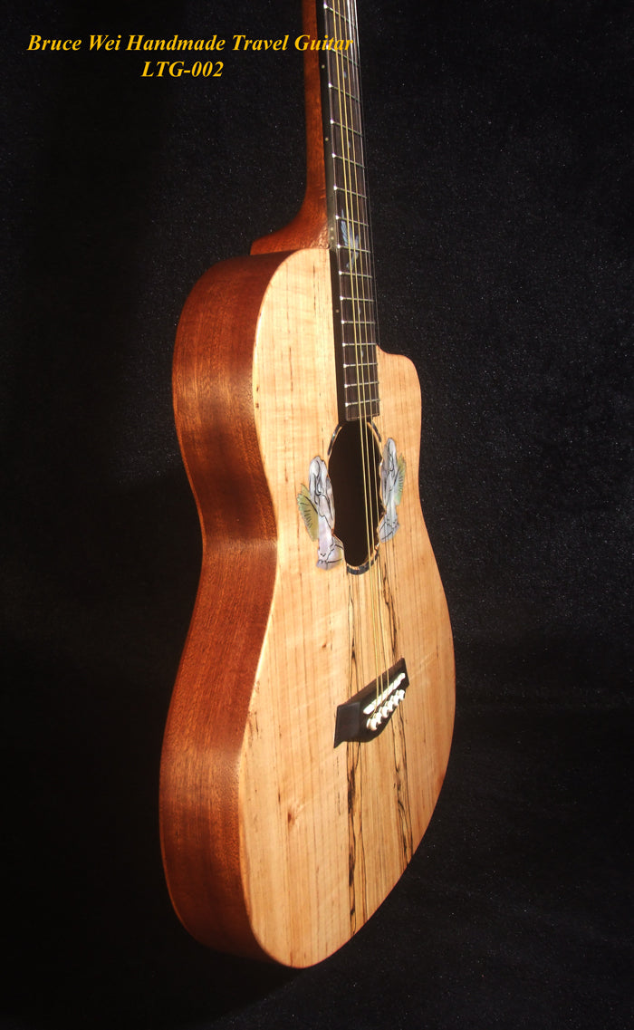 Handmade ArchBack Travel Guitar Solid Spalted Maple, Mahogany, Cutaway, Angel Inlay, Soft-bag Bruce Wei LTG-002