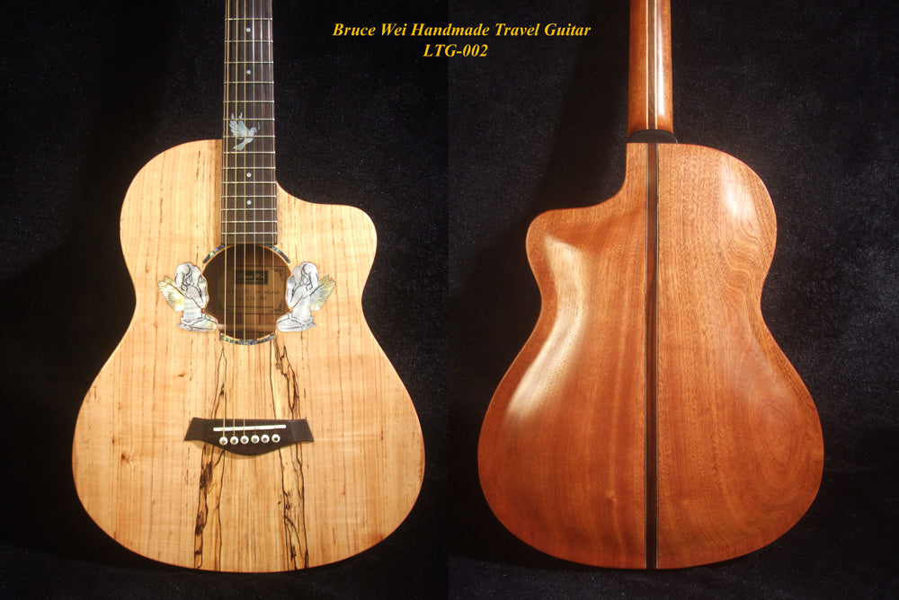 Handmade ArchBack Travel Guitar Solid Spalted Maple, Mahogany, Cutaway, Angel Inlay, Soft-bag Bruce Wei LTG-002