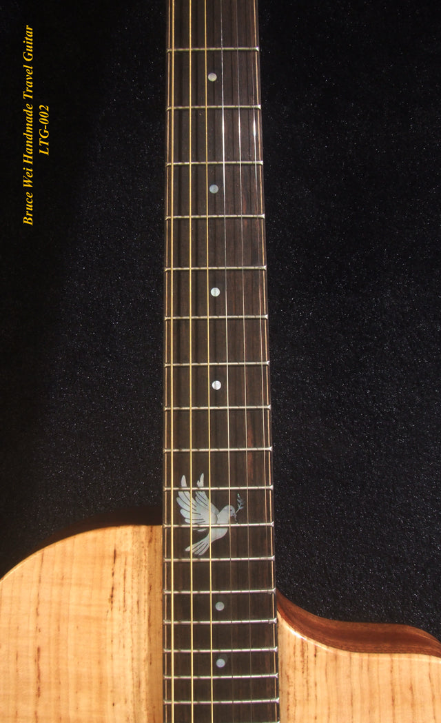 Handmade ArchBack Travel Guitar Solid Spalted Maple, Mahogany, Cutaway, Angel Inlay, Soft-bag Bruce Wei LTG-002