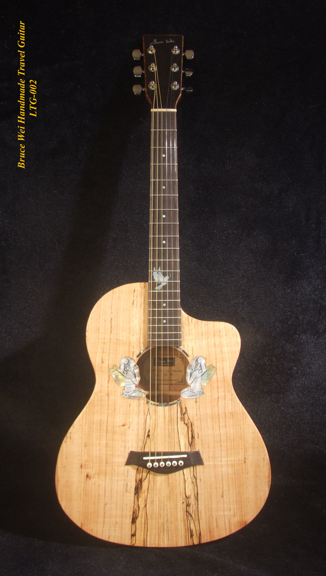 Handmade ArchBack Travel Guitar Solid Spalted Maple, Mahogany, Cutaway, Angel Inlay, Soft-bag Bruce Wei LTG-002