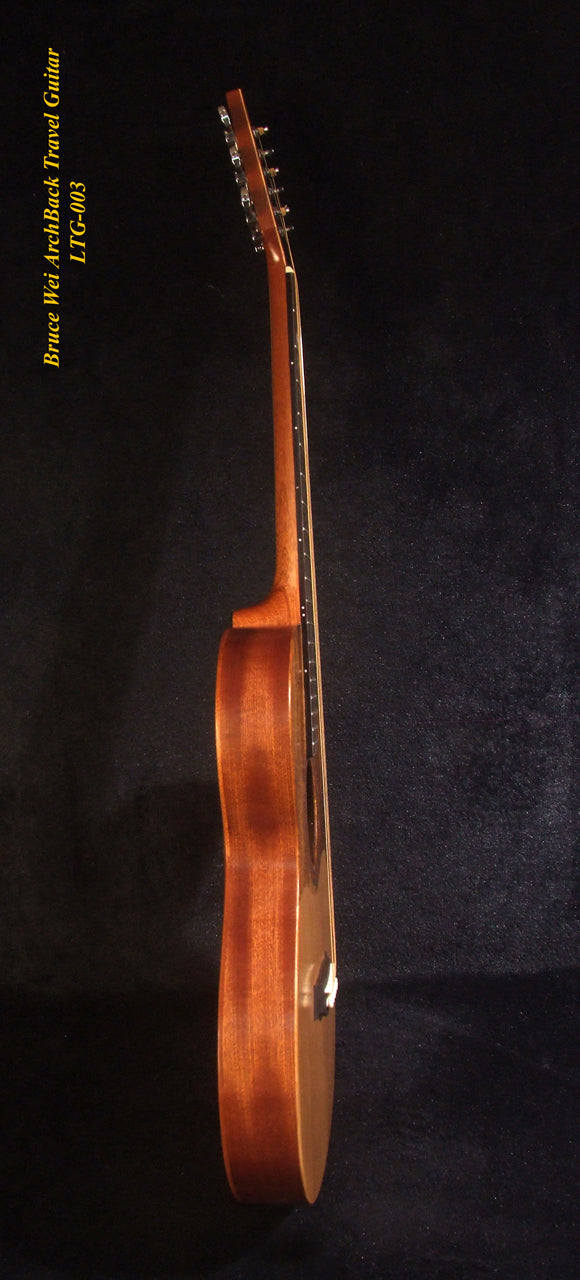 Handmade ArchBack Travel Guitar Solid Spruce, Mahogany, Cutaway, Cat, Vine Inlay, Soft-bag Bruce Wei LTG-003