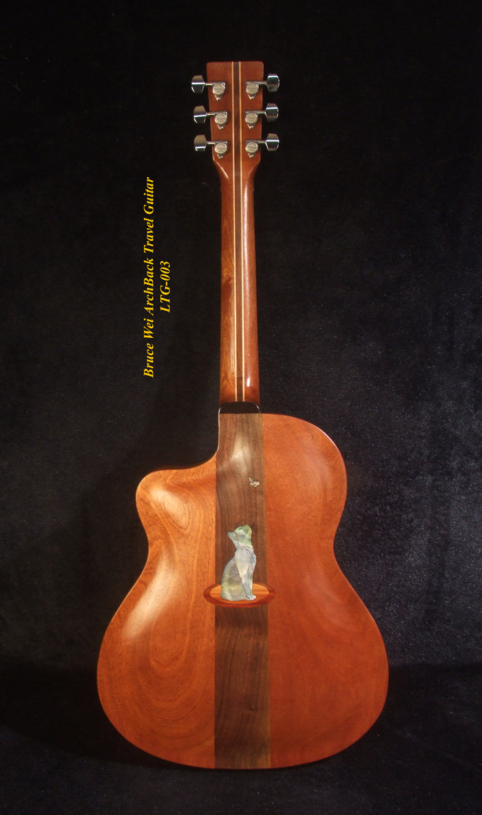 Handmade ArchBack Travel Guitar Solid Spruce, Mahogany, Cutaway, Cat, Vine Inlay, Soft-bag Bruce Wei LTG-003