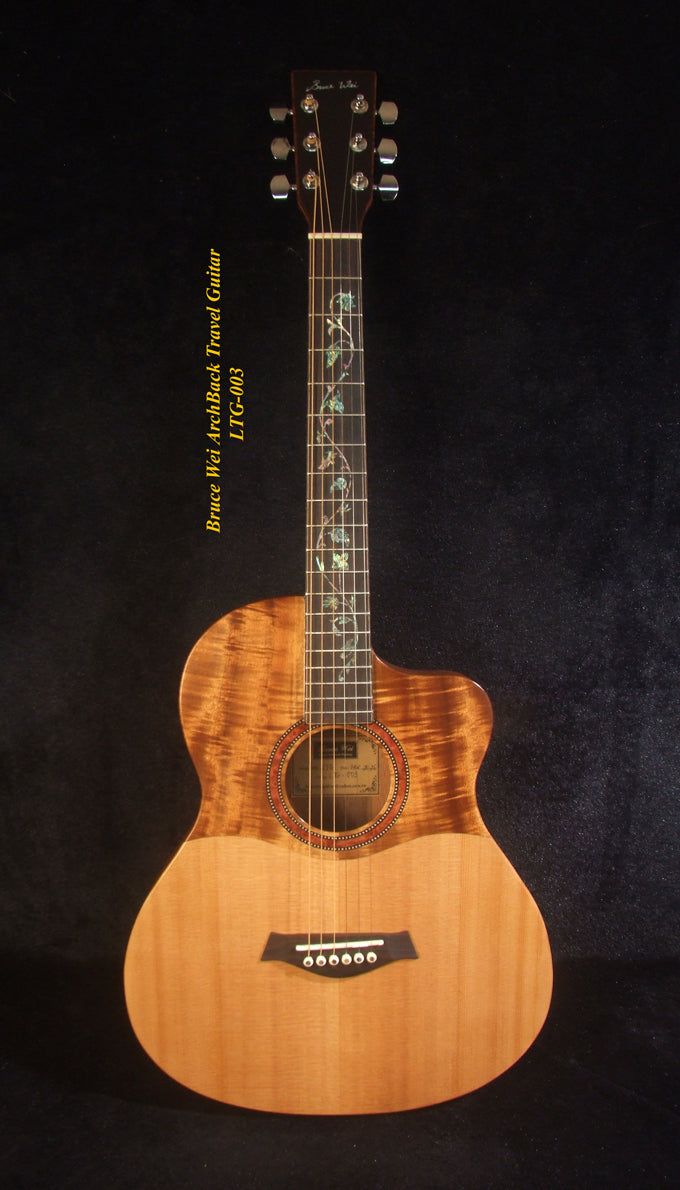 Handmade ArchBack Travel Guitar Solid Spruce, Mahogany, Cutaway, Cat, Vine Inlay, Soft-bag Bruce Wei LTG-003