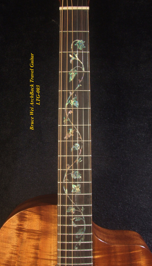 Handmade ArchBack Travel Guitar Solid Spruce, Mahogany, Cutaway, Cat, Vine Inlay, Soft-bag Bruce Wei LTG-003