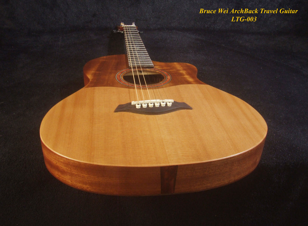 Handmade ArchBack Travel Guitar Solid Spruce, Mahogany, Cutaway, Cat, Vine Inlay, Soft-bag Bruce Wei LTG-003