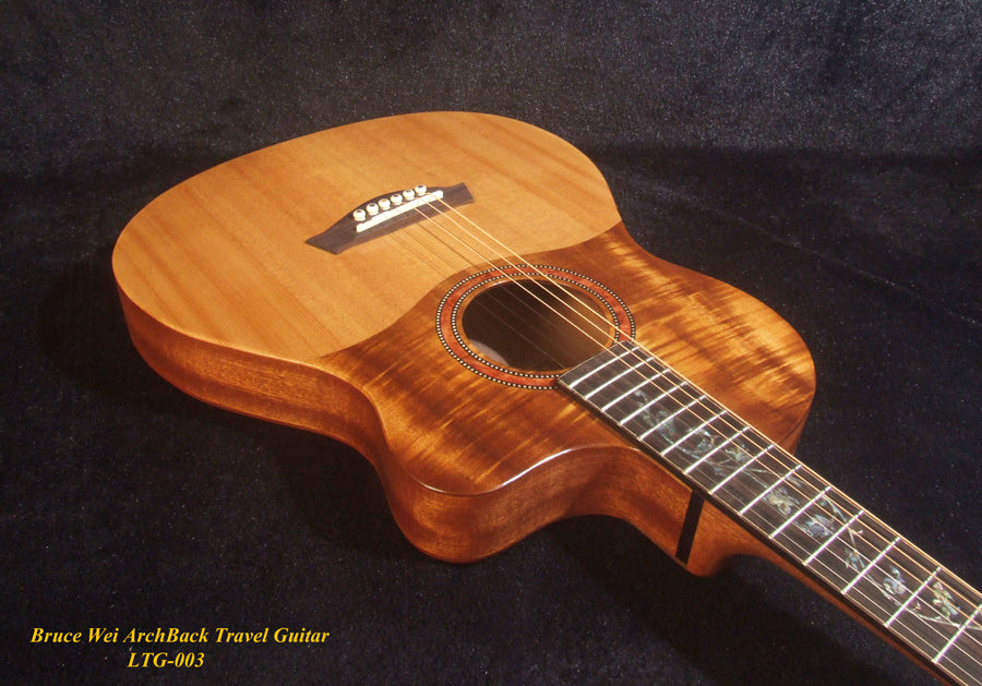 Handmade ArchBack Travel Guitar Solid Spruce, Mahogany, Cutaway, Cat, Vine Inlay, Soft-bag Bruce Wei LTG-003