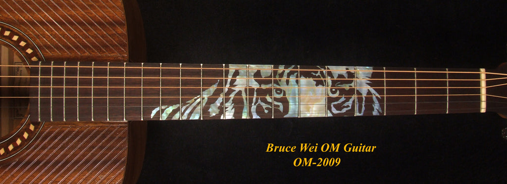 Handmade OM Acoustic Guitar, Solid Acacia , Engraved Top, Bevelled Armrest, Mop TIGER Inlay, Soft-bag, Bruce Wei OM-2009