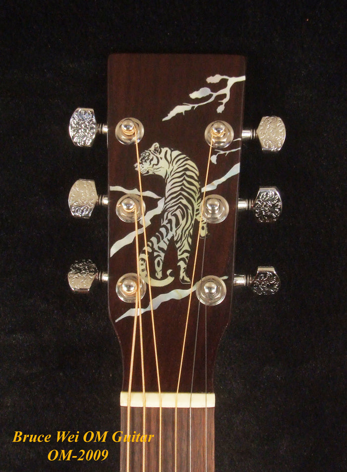 Handmade OM Acoustic Guitar, Solid Acacia , Engraved Top, Bevelled Armrest, Mop TIGER Inlay, Soft-bag, Bruce Wei OM-2009
