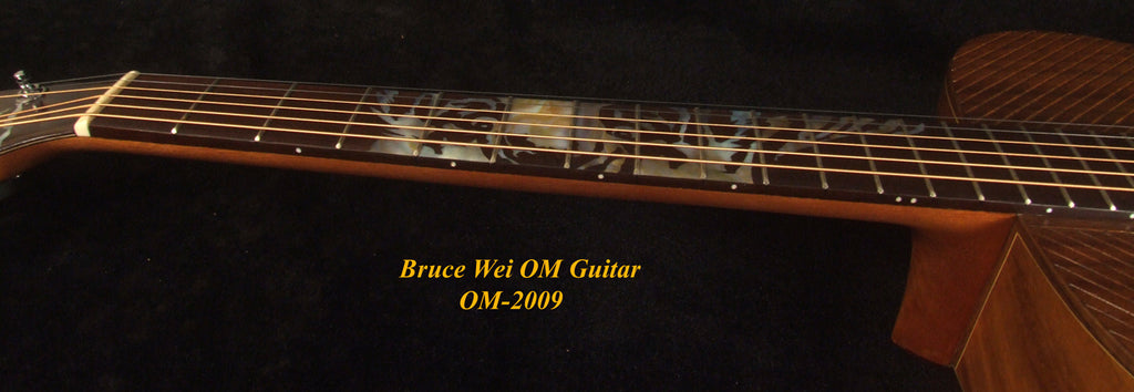 Handmade OM Acoustic Guitar, Solid Acacia , Engraved Top, Bevelled Armrest, Mop TIGER Inlay, Soft-bag, Bruce Wei OM-2009