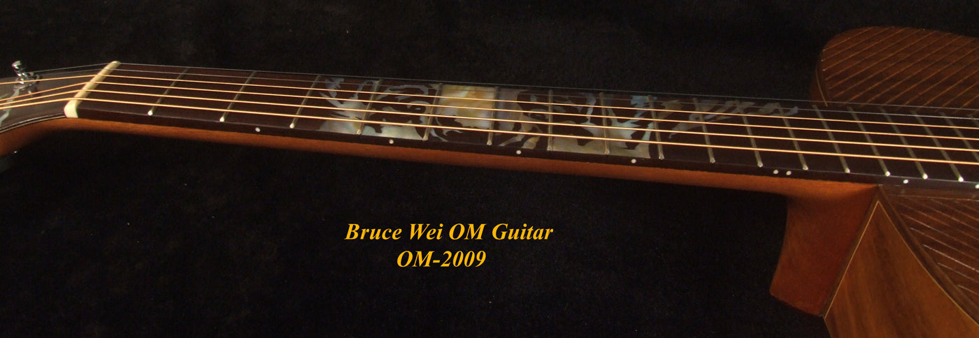Handmade OM Acoustic Guitar, Solid Acacia , Engraved Top, Bevelled Armrest, Mop TIGER Inlay, Soft-bag, Bruce Wei OM-2009