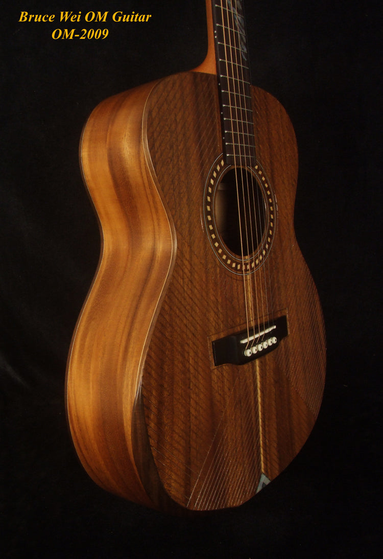 Handmade OM Acoustic Guitar, Solid Acacia , Engraved Top, Bevelled Armrest, Mop TIGER Inlay, Soft-bag, Bruce Wei OM-2009