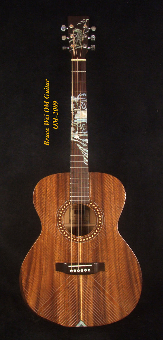 Handmade OM Acoustic Guitar, Solid Acacia , Engraved Top, Bevelled Armrest, Mop TIGER Inlay, Soft-bag, Bruce Wei OM-2009