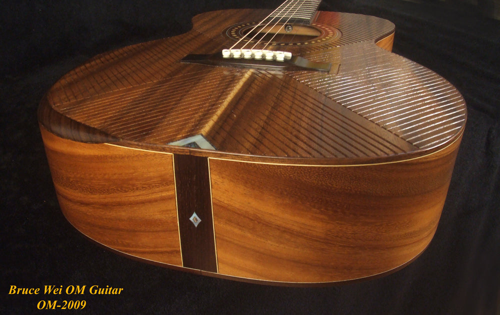 Handmade OM Acoustic Guitar, Solid Acacia , Engraved Top, Bevelled Armrest, Mop TIGER Inlay, Soft-bag, Bruce Wei OM-2009