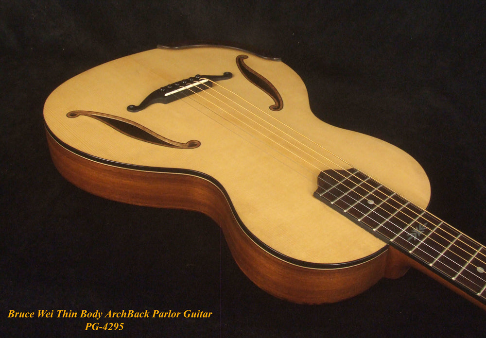 Handcrafted ArchBack Parlor Guitar Thin Body Solid Acacia, Spruce, MOP Inlay, Soft-bag, Bruce Wei PG-4295