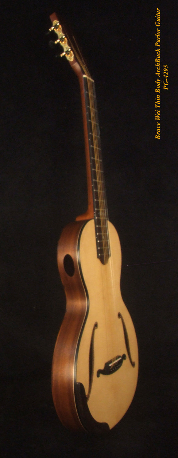 Handcrafted ArchBack Parlor Guitar Thin Body Solid Acacia, Spruce, MOP Inlay, Soft-bag, Bruce Wei PG-4295