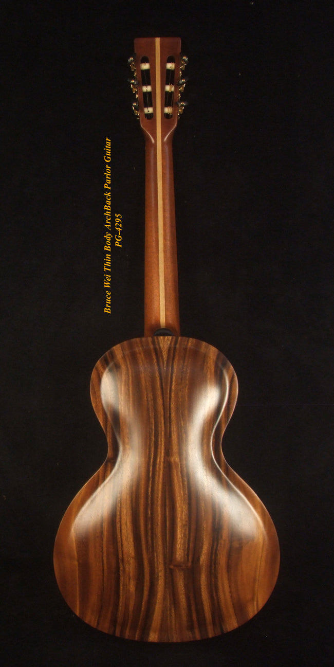 Handcrafted ArchBack Parlor Guitar Thin Body Solid Acacia, Spruce, MOP Inlay, Soft-bag, Bruce Wei PG-4295