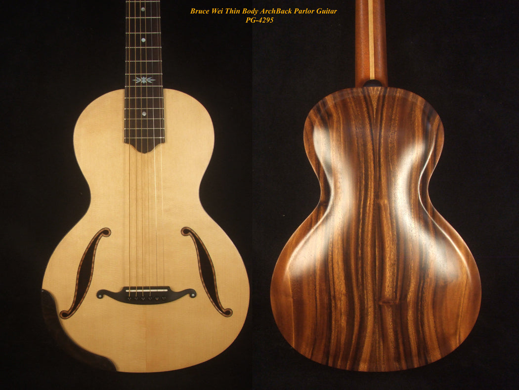 Handcrafted ArchBack Parlor Guitar Thin Body Solid Acacia, Spruce, MOP Inlay, Soft-bag, Bruce Wei PG-4295