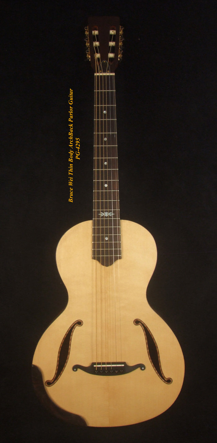 Handcrafted ArchBack Parlor Guitar Thin Body Solid Acacia, Spruce, MOP Inlay, Soft-bag, Bruce Wei PG-4295