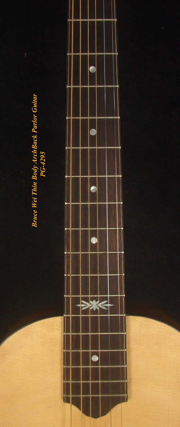 Handcrafted ArchBack Parlor Guitar Thin Body Solid Acacia, Spruce, MOP Inlay, Soft-bag, Bruce Wei PG-4295