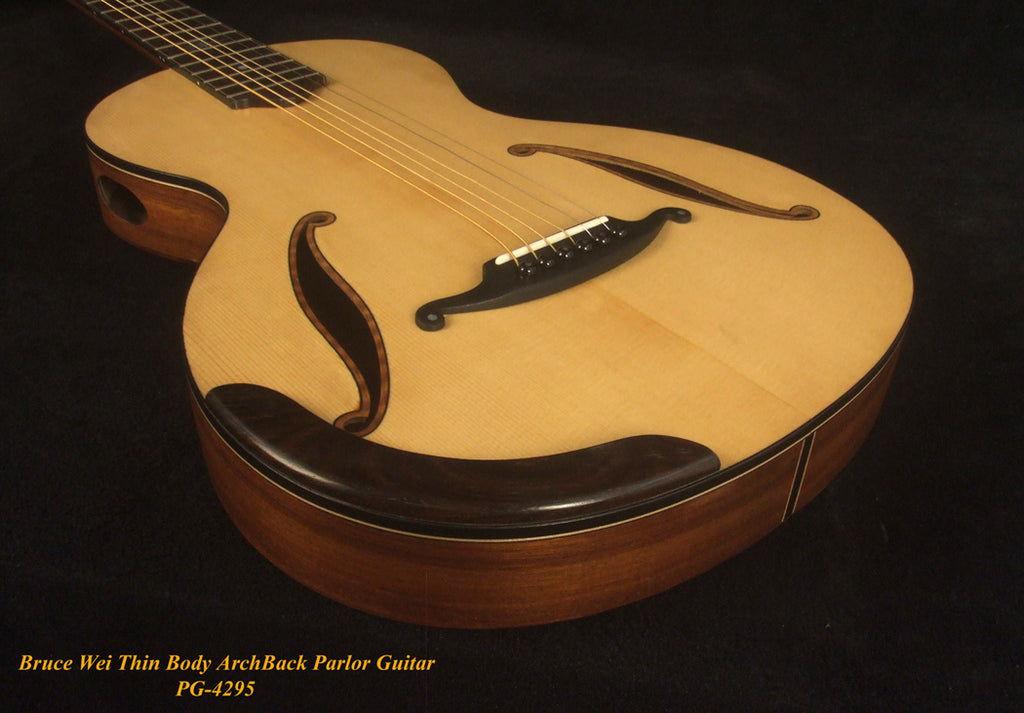 Handcrafted ArchBack Parlor Guitar Thin Body Solid Acacia, Spruce, MOP Inlay, Soft-bag, Bruce Wei PG-4295