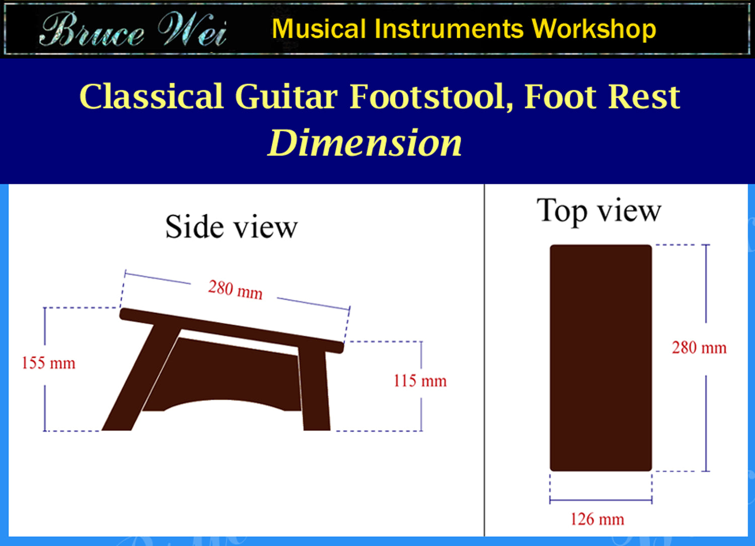 Classical Guitar Foot Rest Foot Stand, Solid Mahogany, Mother of Pearl & Abalone HummingBird Inlay, Bruce Wei (FSA-019)