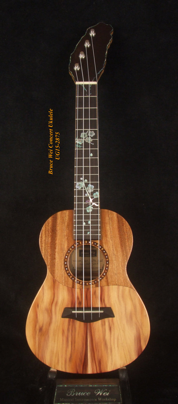 Handmade Concert Ukulele, Solid Taiwania, Pommele, TAIWAN Map, Soft-bag, Bruce Wei UG15-2875