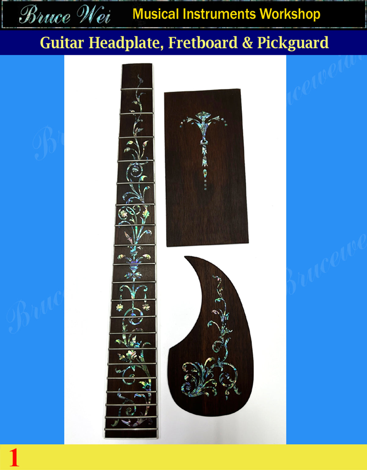 Guitar Rosewood Headplate, Pickguard & Fretted Fretboard, Abalone Inlay, Bruce Wei ( 1 )