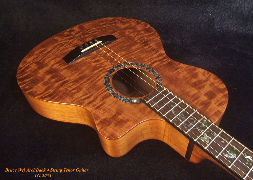 Handcrafted 4 String Tenor Guitar, Quilted Spalted Maple, Mahogany ARCH-BACK Cutaway , Vine Inlay, Soft-bag, Bruce Wei TG-2053