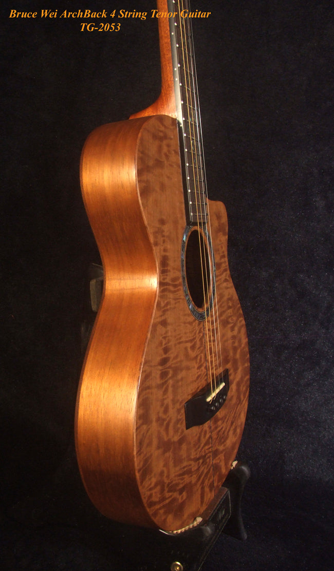 Handcrafted 4 String Tenor Guitar, Quilted Spalted Maple, Mahogany ARCH-BACK Cutaway , Vine Inlay, Soft-bag, Bruce Wei TG-2053
