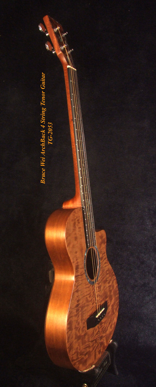 Handcrafted 4 String Tenor Guitar, Quilted Spalted Maple, Mahogany ARCH-BACK Cutaway , Vine Inlay, Soft-bag, Bruce Wei TG-2053