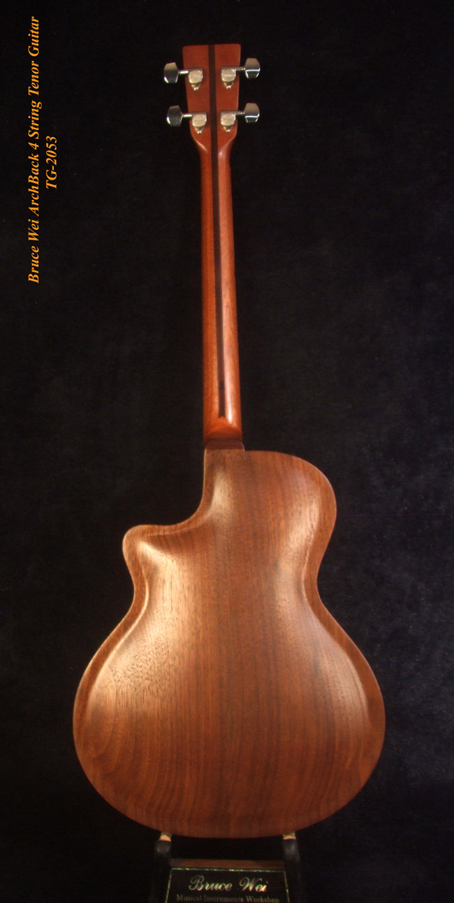 Handcrafted 4 String Tenor Guitar, Quilted Spalted Maple, Mahogany ARCH-BACK Cutaway , Vine Inlay, Soft-bag, Bruce Wei TG-2053