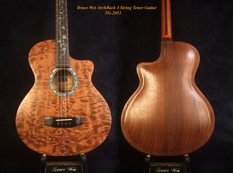 Handcrafted 4 String Tenor Guitar, Quilted Spalted Maple, Mahogany ARCH-BACK Cutaway , Vine Inlay, Soft-bag, Bruce Wei TG-2053