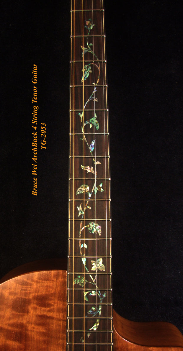 Handcrafted 4 String Tenor Guitar, Quilted Spalted Maple, Mahogany ARCH-BACK Cutaway , Vine Inlay, Soft-bag, Bruce Wei TG-2053