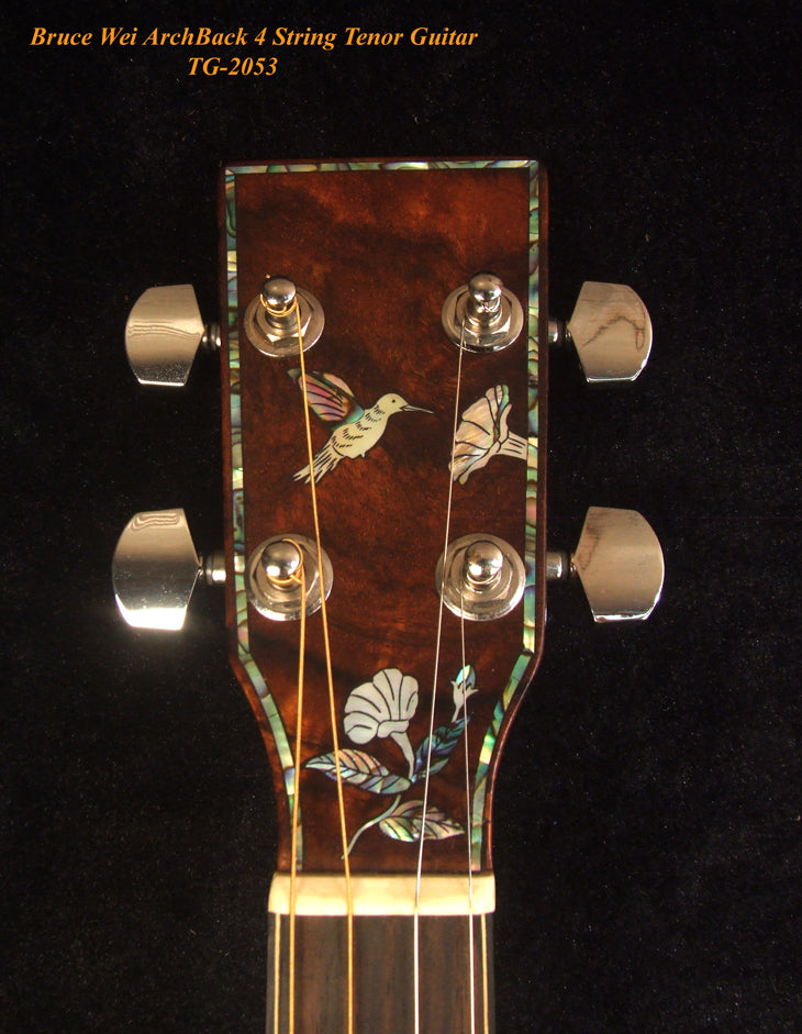 Handcrafted 4 String Tenor Guitar, Quilted Spalted Maple, Mahogany ARCH-BACK Cutaway , Vine Inlay, Soft-bag, Bruce Wei TG-2053