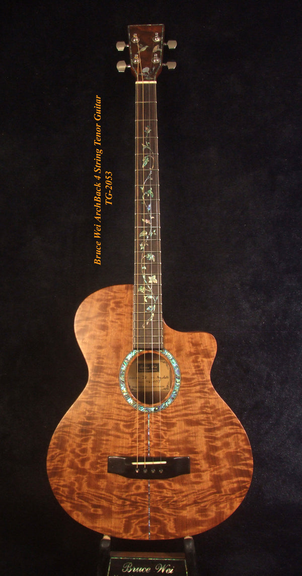 Handcrafted 4 String Tenor Guitar, Quilted Spalted Maple, Mahogany ARCH-BACK Cutaway , Vine Inlay, Soft-bag, Bruce Wei TG-2053