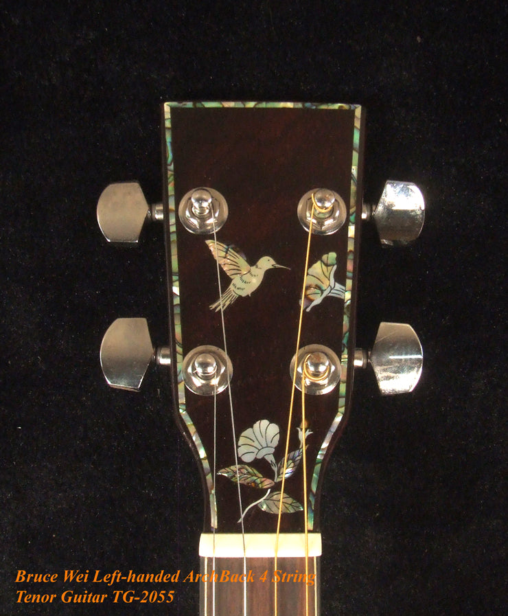 Handcrafted Left-handed 4 String Tenor Guitar, Solid Hawaiian Koa, Acacia ARCH-BACK Cutaway , Vine Inlay, Soft-bag, Bruce Wei TG-2055