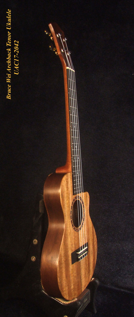 Handcrafted Tenor Ukulele, Carved ARCHBACK Solid Mango, Maple & Walnut MOP Inlay, Soft-bag, Bruce Wei UAC17-2042