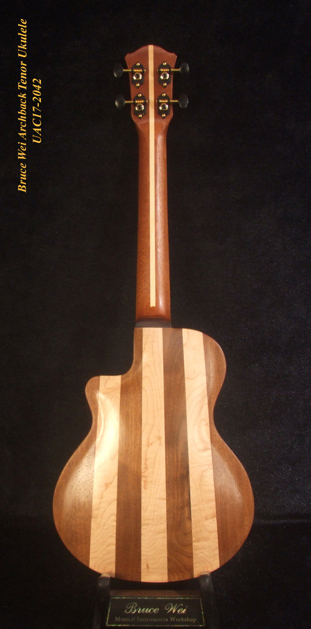 Handcrafted Tenor Ukulele, Carved ARCHBACK Solid Mango, Maple & Walnut MOP Inlay, Soft-bag, Bruce Wei UAC17-2042