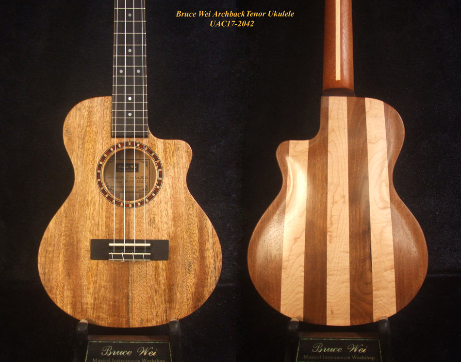 Handcrafted Tenor Ukulele, Carved ARCHBACK Solid Mango, Maple & Walnut MOP Inlay, Soft-bag, Bruce Wei UAC17-2042