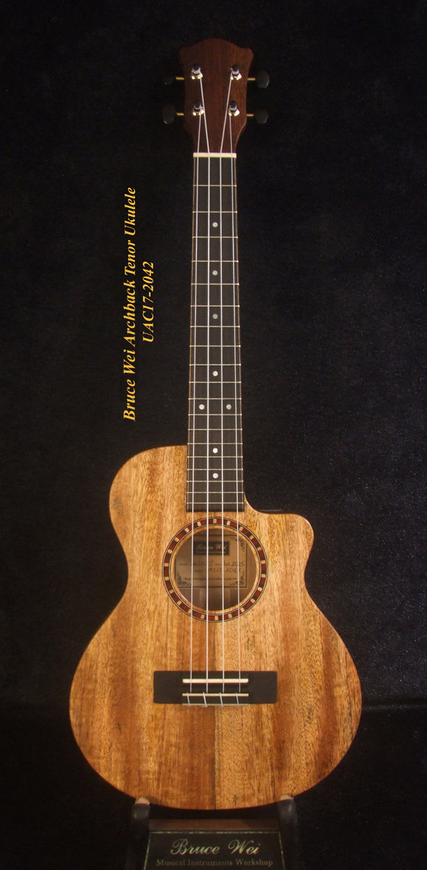 Handcrafted Tenor Ukulele, Carved ARCHBACK Solid Mango, Maple & Walnut MOP Inlay, Soft-bag, Bruce Wei UAC17-2042