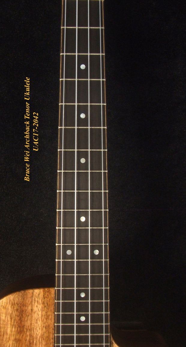 Handcrafted Tenor Ukulele, Carved ARCHBACK Solid Mango, Maple & Walnut MOP Inlay, Soft-bag, Bruce Wei UAC17-2042