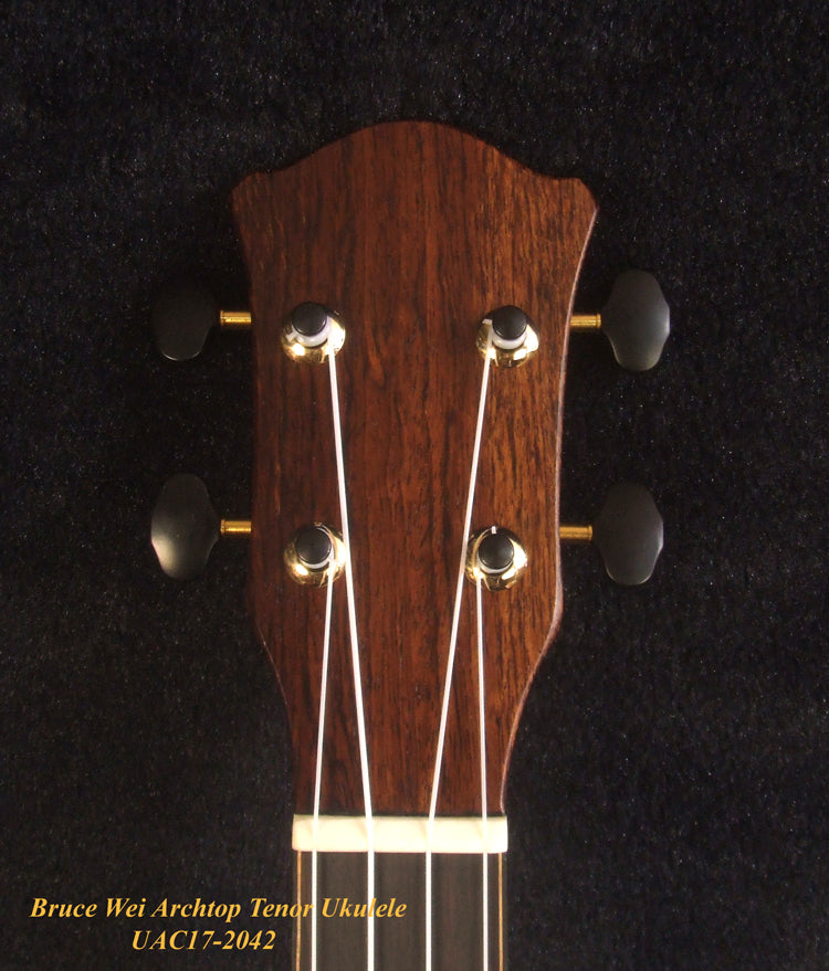 Handcrafted Tenor Ukulele, Carved ARCHBACK Solid Mango, Maple & Walnut MOP Inlay, Soft-bag, Bruce Wei UAC17-2042